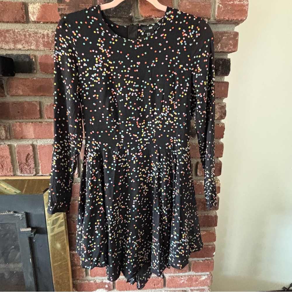 H&M Rainbow Polka Dot Skater Dress Black w/lining Perfect Birthday Holiday sz 10